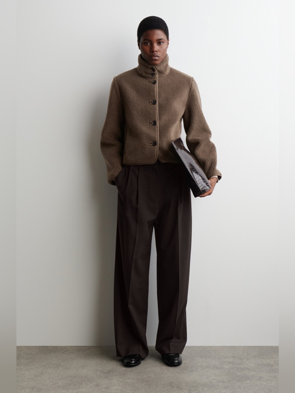 COS Funnel Neck Teddy Jacket Brown Size S